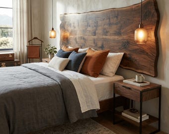 Cabeceira de nogueira com borda natural, cabeceira de cama em madeira maciça, montagem rústica personalizada na parede, decoração de quarto em peça única de madeira natural, móveis de madeira feitos à mão