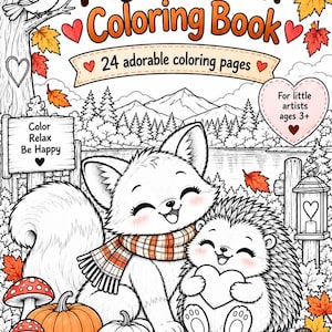 May include: A colouring book cover titled My Autumn Colouring Book featuring 24 adorable colouring pages for little artists ages 3+. The illustration shows a fox and a hedgehog with pumpkins, mushrooms, and autumn leaves in a forest setting.