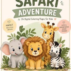 Målarbok med safariäventyr för barn (engelska) | 24 utskrivbara sidor | Digital nedladdning | Safaridjur | PDF och PNG