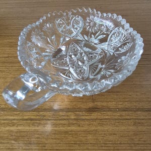 Vintage Clear Glass Handled Nappy Dish, Daisy Starburst Pattern, Footed Candy Bowl, MCM Tabletop Serving Ware
