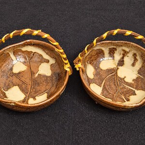 Vintage Miniature Japanese Studio Pottery Bowls with Woven Handles, Set of 2 Ceramic Leaf Accent Dishes with Maker's Mark, Mingei Style
