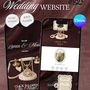 Peut inclure: Un modèle de site web de mariage numérique pour Canva montrant deux écrans de smartphone avec un téléphone rotatif vintage crème aux accents dorés, des colliers de perles et le texte Lamar & Maria, 10.11.26, et Click to Open The Magic.