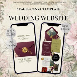 Peut inclure: Un modèle de site web de mariage Canva de 5 pages avec une enveloppe bordeaux, un sceau de cire doré, des illustrations florales et des formulaires RSVP. L'écran affiche "Introducing the James", "11 October 2026" et "Click to open".