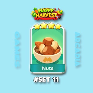 Op de afbeelding: Een digitale spelkaart van Happy Harvest met een kom vol gemengde noten, waaronder amandelen en cashewnoten. De kaart toont vier gele sterren bovenaan, de tekst Nuts in het midden en #SET 11 onderaan, met Games en Arcadia aan de zijkanten.