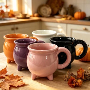 May include: A set of four ceramic mugs shaped like small cauldrons, each featuring three short legs and a curved handle. The mugs are finished in glossy solid colors including orange, purple, light pink, black, and a white mug positioned in the back.