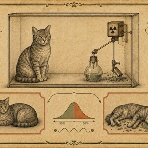 Op de afbeelding: Een illustratie in vintage-stijl met de kat van Schrödinger in een doos met een radioactief apparaat, een kolf en een bel. Hieronder tonen twee ingelijste panelen een zittende en een liggende kat, gescheiden door een klokvormige grafiek.