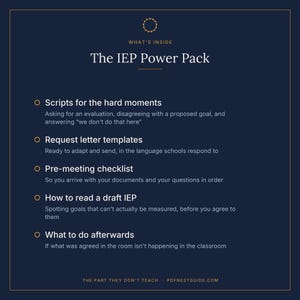 May include: A dark blue informational graphic titled The IEP Power Pack. It lists five sections: Scripts for the hard moments, Request letter templates, Pre-meeting checklist, How to read a draft IEP, and What to do afterwards, with brief descriptions.