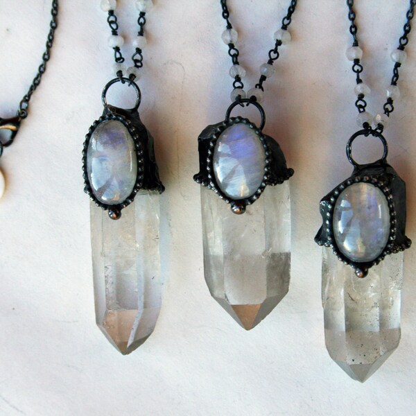 Quartz Point with Rainbow Moonstone Necklace // Crystal with Moonstone Statement Necklace