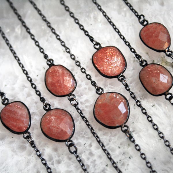 Petite Sunstone Gunmetal Necklace // Minimal Sunstone Layering Necklace