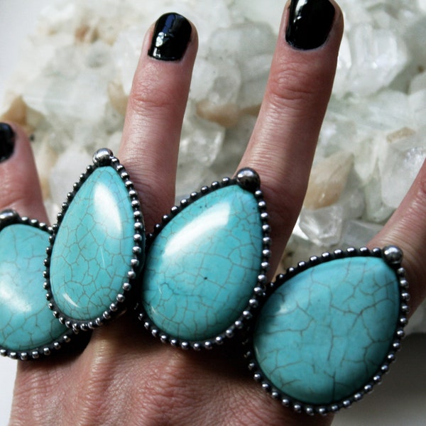 Turquoise Howlite Teardrop Ring // Large Turquoise Adjustable Statement Size 5 6 7 8 Ring // Gemstone Witch Wicca Boho Desert Crystal Ring