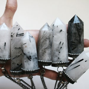 Tourmalinated Quartz Crystal Tower Necklace // Large Extra Crystal Point Talisman Witch Wicca Goth Boho Pendulum Obelisk Gemstone Jewelry