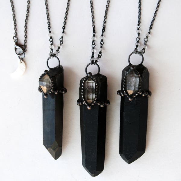 Large Black Smoky Quartz Crystal with Tibetan Quartz Necklace // Black Quartz Statement Necklace