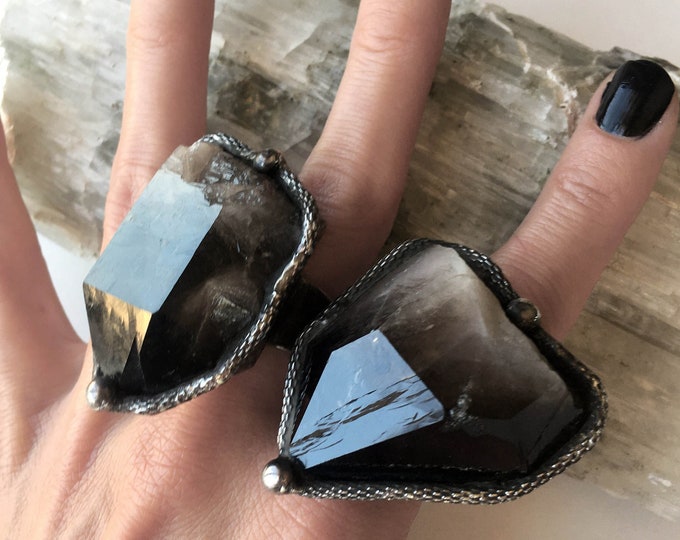 Quartz Point Ring Extra Large Raw Arkansas Smoky Quartz Crystal Point Ring // Black ...