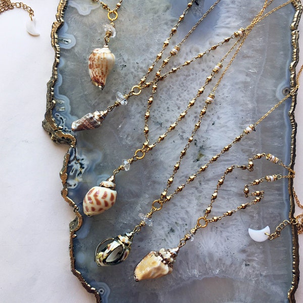 Small Seashell Gold Layering Necklace // Herkimer Diamond Quartz Crystal and Pearl Shell Beach Mermaid Boho Witch Gemstone Necklace