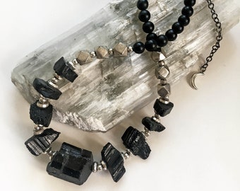 Chunky Raw Tourmaline and Onyx Necklace // Black Schorl and Onyx Beaded Crystal Goth Witch Wicca Boho Unisex Gemstone Necklace