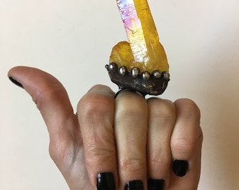 Large Yellow Aura Quartz Crystal Cluster Ring // Yellow Crystal Statement Size 5 6 7 8 Adjustable Ring // Witch Wicca Boho Goth Talisman