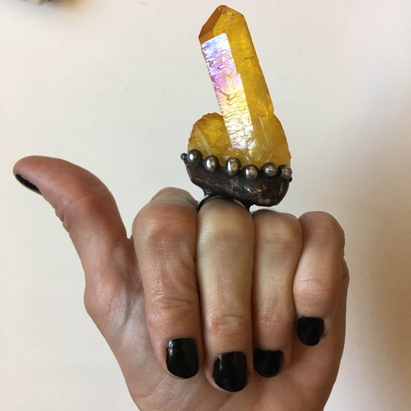 Large Yellow Aura Quartz Crystal Cluster Ring // Yellow Crystal Statement Size 5 6 7 8 Adjustable Ring // Witch Wicca Boho Goth Talisman