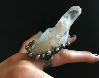 Massive Quartz Crystal Cluster Ring // Large Clear White Quartz Adjustable Size 5 6 7 8 Ring // Big Giant Witch Wicca Statement Jewelry