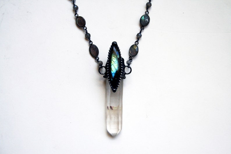 Quartz Point with Rainbow Labradorite Marquis Necklace Clear Crystal Blue Gold Labradorite Statement Layering Necklace Talisman