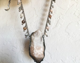 Raw Candle Quartz and Moonstone Necklace // Candle Quartz Crystal GemstoneStatement Layering Necklace // Chunky Crystal Witch Boho Jewelry