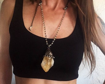Extra Large Raw Citrine Point Beaded Convertible Necklace // Natural Citrine Crystal Minimal Layering Necklace / Boho Witch Gemstone Jewelry