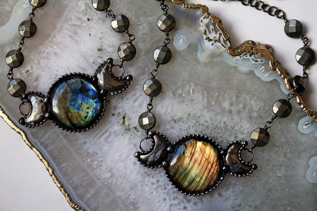 •LUNA• labradorite + pyrite mixed metal necklace (18