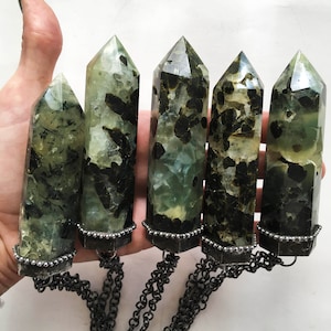 Massive Prehnite Crystal Statement Necklace // Green Prehnite Black Tourmaline Rutile Gemstone Point Talisman / Witch Goth Statement Jewelry