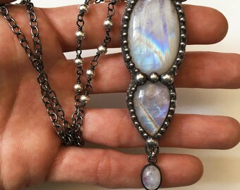 Moonstone Drop Pendant Beaded Boho Necklace // White Rainbow Moonstone Crystal Gemstone Wicca Witch Boho Fairy Sparkle Goth Festival Jewelry