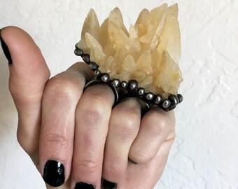 Massive Dogtooth Calcite Spike Cluster Double Finger Ring // Large Yellow Crystal Adjustable Size 5 6 7 8 Ring // Big Giant Witch Wicca Goth