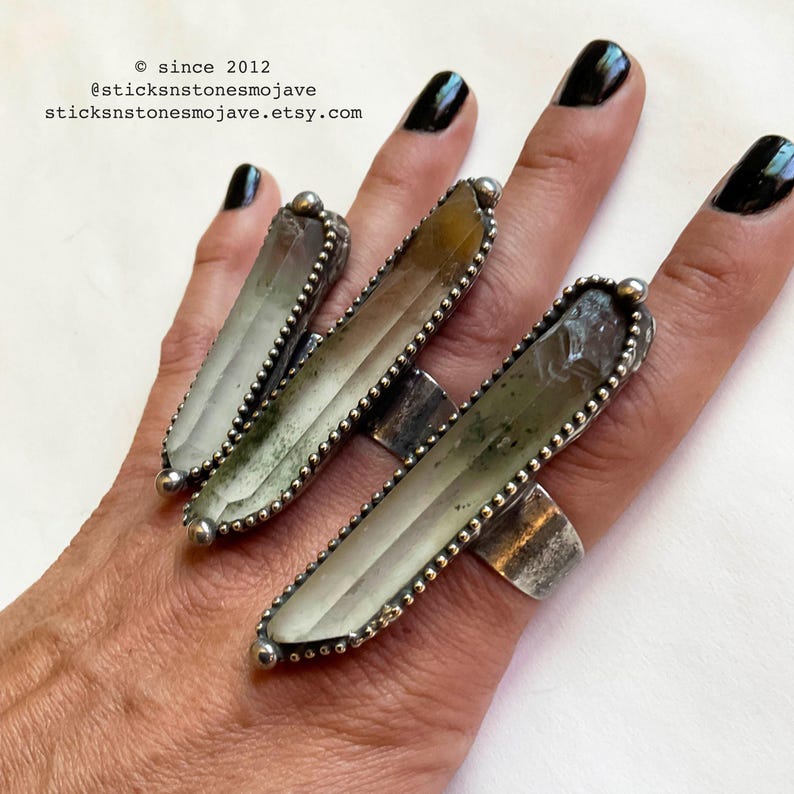 Quartz Point Ring Long and Skinny Chlorite Lodolite Garden Quartz Crystal Point Ring ...