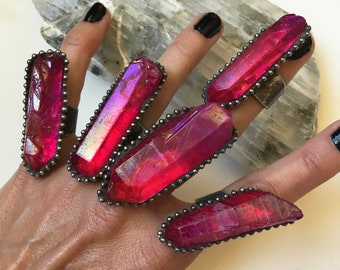 Large Pink Aura Quartz Crystal Point Ring // Crystal Statement Size 5 6 7 8 Adjustable Ring // Witch Wicca Boho Goth Talisman Jewelry