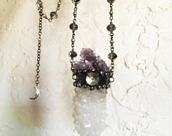 Massive Amethyst Cluster and White Stalactite Druzy Wand Statement Necklace // Natural Crystal Talisman Fairy Witch Wicca Boho Jewellery