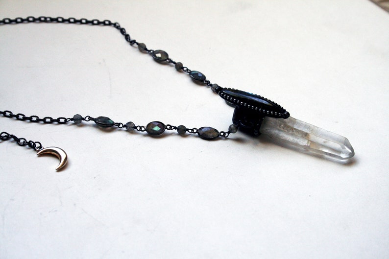 Quartz Point with Rainbow Labradorite Marquis Necklace Clear Crystal Blue Gold Labradorite Statement Layering Necklace Talisman