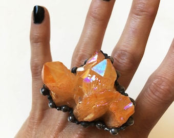 Large Orange Aura Quartz Crystal Cluster Ring // Orange Crystal Statement Size 5 6 7 8 Adjustable Ring // Witch Wicca Boho Goth Talisman