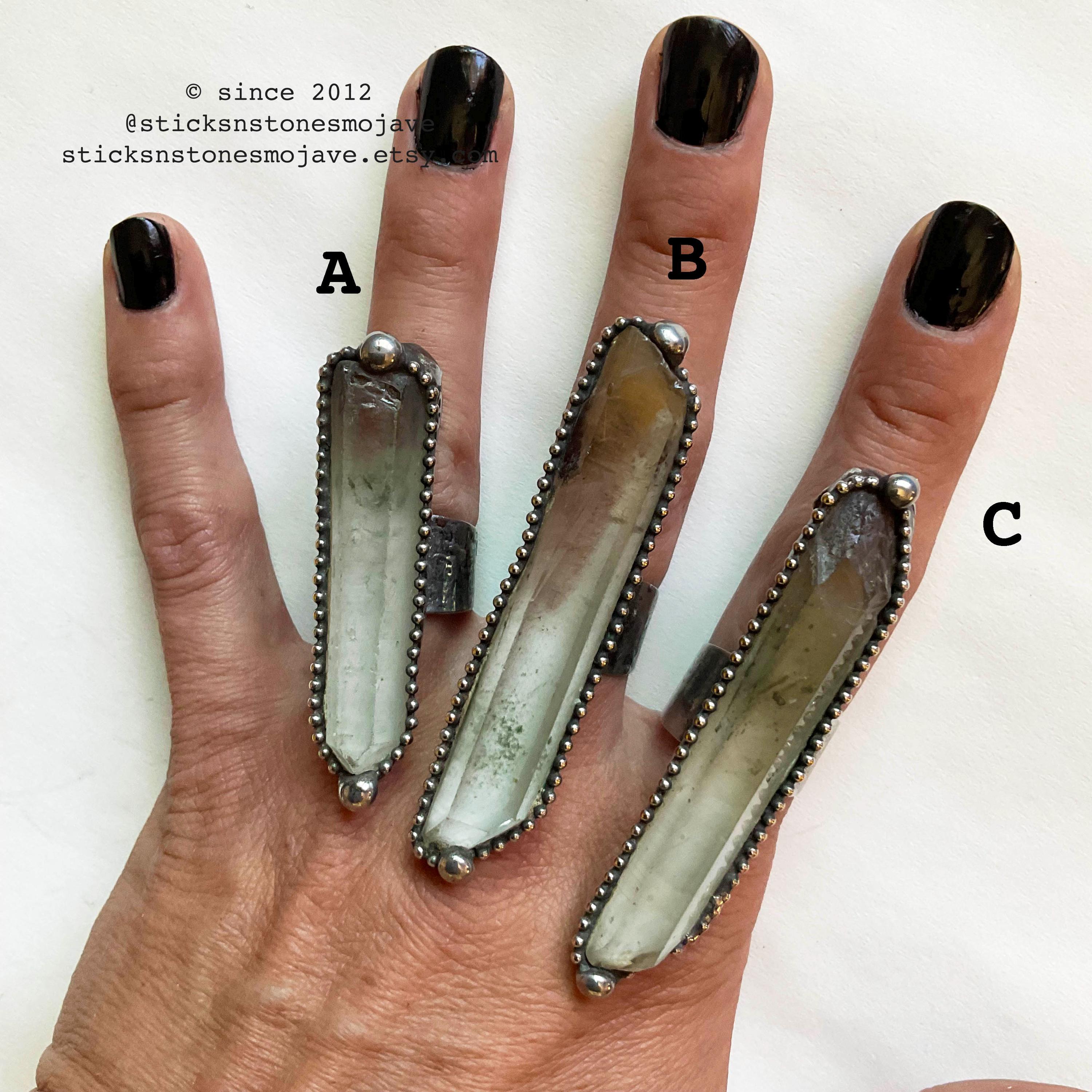 Quartz Point Ring Long and Skinny Chlorite Lodolite Garden Quartz Crystal Point Ring ...