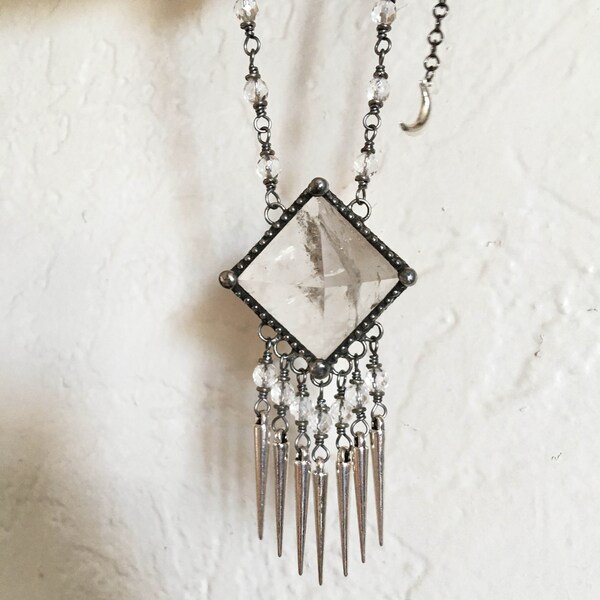 Clear Quartz Pyramid Crystal Fringe Necklace // Crystal Witch Wicca Boho Magic Goth Festival Cosplay Oversized Statement Necklace