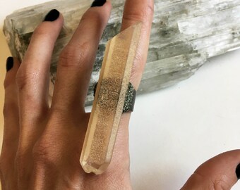 Large Peach Quartz and Pyrite Crystal Ring //  Terminated Crystal Gemstone Adjustable Size 5 6 7 8 Ring // Crystal Talisman Witch Jewelry