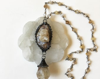 Iron Quartz Crystal Matrix Beaded Statement Necklace // Large Crystal Cluster Chalcedony Citrine Talisman Witch Wicca Goth Boho Jewelry