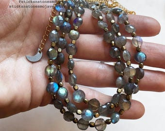 Labradorite and Gold Coin Beaded Choker Necklace