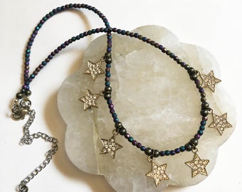 Rainbow Hematite and Pyrite Star Layering Beaded Necklace // Crystal Witch Wicca Goth Boho Hippie Fairy Rave Star Moon Festival Jewelry