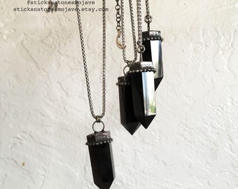 Black Obsidian Point Small Crystal Tower Necklace // Black Crystal Obelisk Necklace // Witch Wicca Goth Boho Pendulum Talisman Jewelry