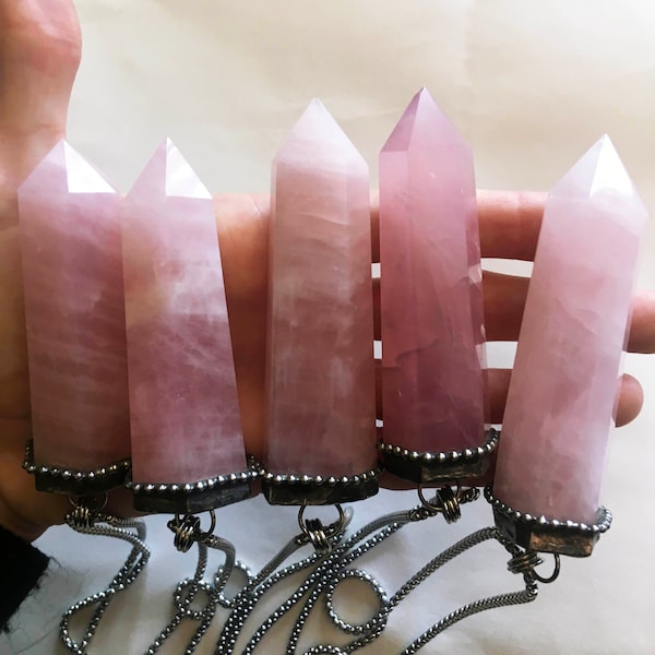 Massive Rose Quartz Crystal Tower Necklace // Giant Rose Quartz Point Necklace // Big Large Rose Quartz Obelisk Pendulum Talisman Necklace