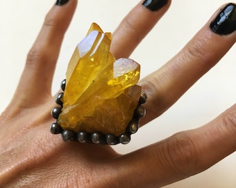 Large Yellow Aura Quartz Crystal Cluster Ring // Yellow Crystal Statement Size 5 6 7 8 Adjustable Ring // Witch Wicca Boho Goth Talisman