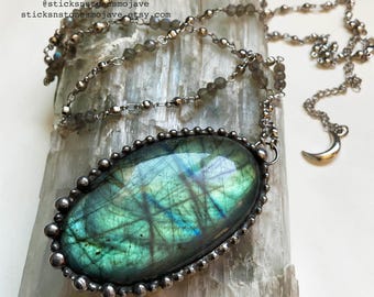 Large Aqua Rainbow Labradorite Crystal Gemstone Necklace