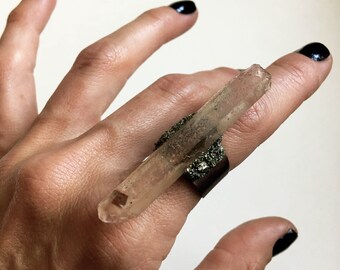 Large Peach Quartz and Pyrite Crystal Ring //  Terminated Crystal Gemstone Adjustable Size 5 6 7 8 Ring // Crystal Talisman Witch Jewelry