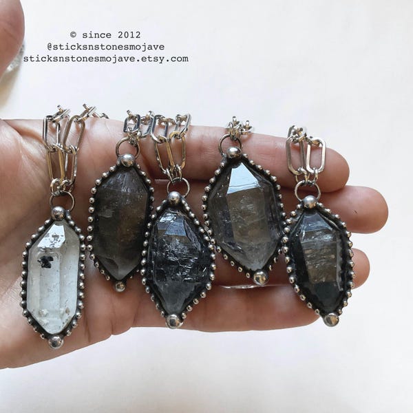 Tibetan Smoky Quartz Crystal Double Terminated Point Minimal Necklace on Silver Steel Paperclip Chain