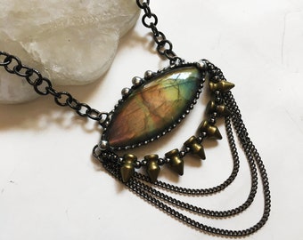 Rainbow Labradorite Crystal Eye Fringe Statement Necklace // Pink Rainbow Labradorite Evil Eye All Seeing Eye Boho Witch Necklace