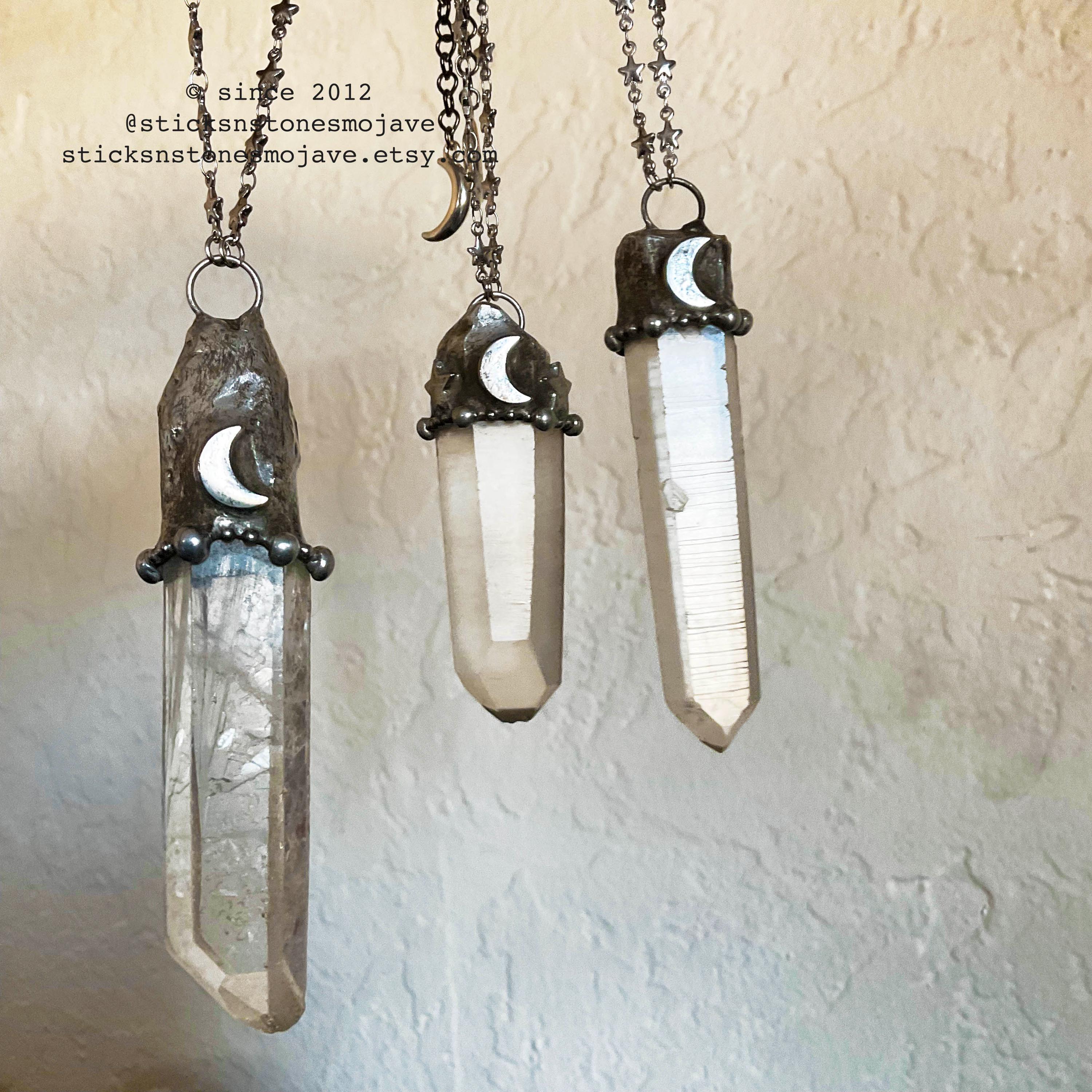 Extra Large Clear Quartz Crystal Moon and Stars Necklace // Clear Quartz Crystal Point Goth Witch Boho Magic Talisman Pendulum Necklace