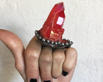 Large Red Aura Quartz Crystal Cluster Ring // Crimson Crystal Statement Size 5 6 7 8 Adjustable Ring // Witch Wicca Boho Goth Talisman