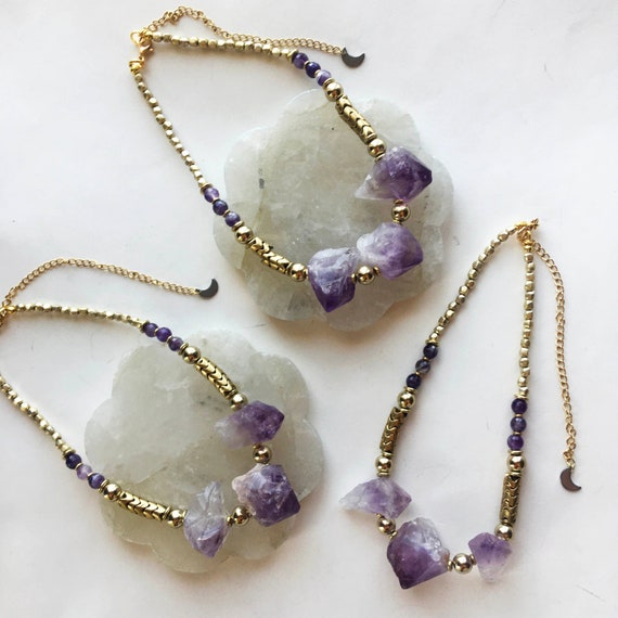 Chunky Amethyst Point and Gold African Beaded Choker Necklace